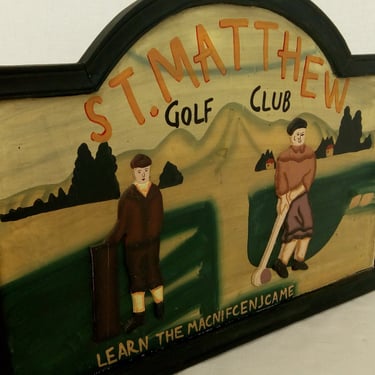 Big wooden signboard, vintage advertising sign, golf club, hand-painted signboard, hand-carved sign, old advertising sign, golf course, 