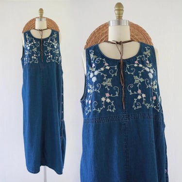 embroidered denim maxi dress - l - vintage 90s y2k 1990s blue jean cute floral cottage cottagecore size large long maxi sleeveless 
