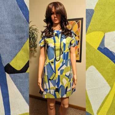 Vintage 1960s Blue & Green Abstract Print Short Sleeve Lightweight Polyester Mod Shift 60s 70s Mini Dress 