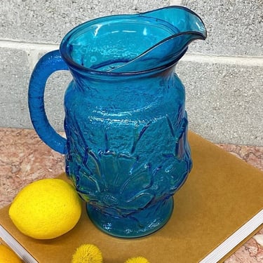 Vintage Pitcher Retro 1970s Bohemian + Anchor Hocking + Glass + Colonial Blue + Spring Rainflower + Serving Drinks + Kitchenware + Decor 