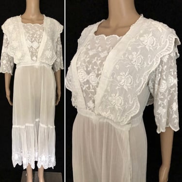 Antique 1910s Edwardian White Cotton Floral Embroidered Lace Lawn Party Day Dress - size Medium Large 