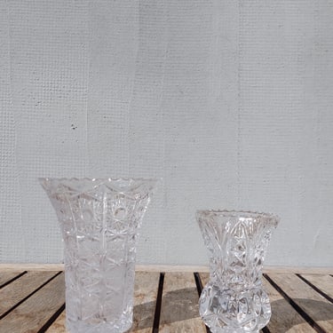 Vintage Hand Cut Crystal Glass Vases / Two Crystal Glass Vases / Small Crystal Vases / MCM Hand Cut Crystal / 70's 