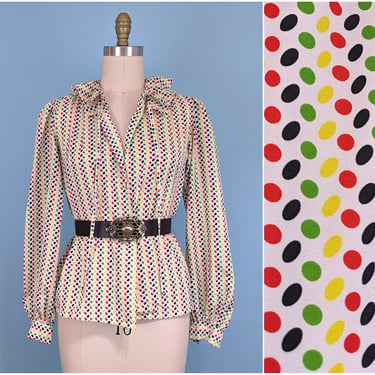 Vintage 70s/80s Colorful Polka Dot Button Blouse, 1980s Long Sleeve Ruffle Neckline Silky Shirt 