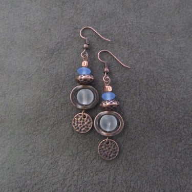 Sea glass earrings, bohemian artisan earrings, boho earrings, etched copper earrings, clear frosted 