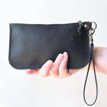 Small Leather Zipper Clutch in black or brown pebbled leather
