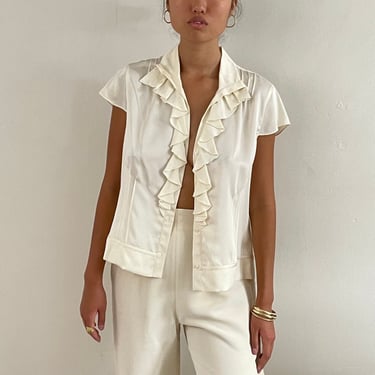 90s silk charmeuse blouse / vintage ivory silk charmeuse ruffle front pin tuck cap sleeve blouse | Large 