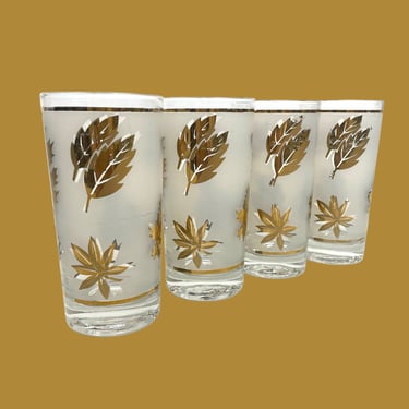 Vintage Drinking Glasses Retro 1960s Libbey + Mid Century Modern + Highball + Frosted + Gold Leaf + Set of 4 + MCM + Kitchen and Bar Decor 