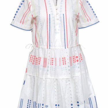 Tanya Taylor - White Cotton Eyelet Dress w/ Colorful Embroidery Detail Sz 6