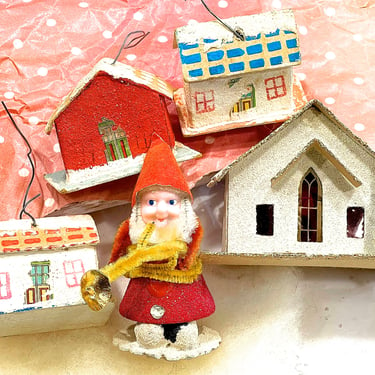 VINTAGE: 5pcs - Japan Cardboard House Gnome Ornaments - Made in Japan - Christmas - Holidays - SKU 00035672 