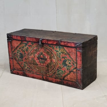 Antique Early 1900s Tibetan Trunk With Original Paint in Flaming Jewel Motif