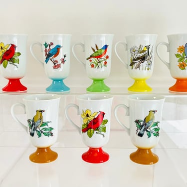 Vintage 1970s Retro MOD Rainbow Birds Porcelain Pedestal Drink Coffee Cups Fred Roberts Japan 