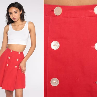 Red Mini Skirt 80s Pleated Double Button Up Skirt Retro High Waist Sailor Skirt Boho Preppy Plain A Line Vintage 1980s Cotton Extra Small xs 