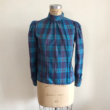 Blue/Teal Plaid Blouse with Rounded Collar - 1980s 