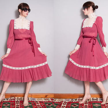 Vintage 1970's | Cotton | Lace | Prairie | Cottage Core | Midi | Dress | S 