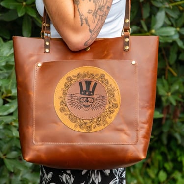 LIMITED EDITION Leather Tote Bag | Icon Collection | Grateful Mandala Tote | Medium | Bourbon | Shoulder and Crossbody straps 