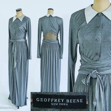 Geoffrey Beene | 1990s Gray Jersey Knit Sheer Back Wrap Dress | 90s Gray Maxi Wrap Pantsuit | Geoffrey Beene | Size 10 