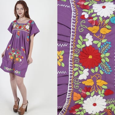 Traditional Hand Embroidered Purple Cotton Mexican Mini Dress 