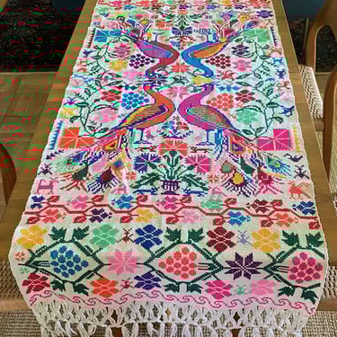 Vintage Mexican Embroidered Peacocks Table Runner 