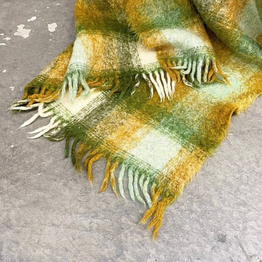 Vintage Blanket Retro 1960s Sannwald + Size 61X47 + Mohair and Virgin Wool + Mothproof + Plaid + Green and Mustard + Throw + Car Blanket 
