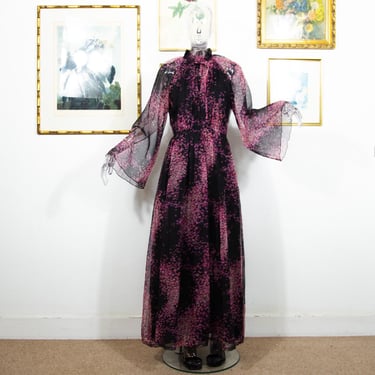 Vintage 1970s Chiffon Black Pink Floral Maxi Boho Dress Bell Sleeves Size S 