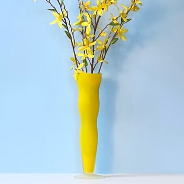 Vintage 90s Art Glass Yellow Curvy Glass Vase 
