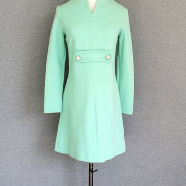 1970s - Wool Knit - Mid Century Mod - Mint - Cocktail Dress - by Cedar Lane - Estimated size S 4/6 