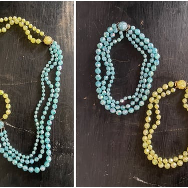 Set of 2 Austrian beaded necklaces, converts to one long necklace | true vintage 1960’s, powder blue &  chartreuse yellow 