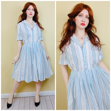 1960s Vintage White and Blue Striped Shirt Dress / 60s / Sixties Fit and Flare Dress / Size Large 