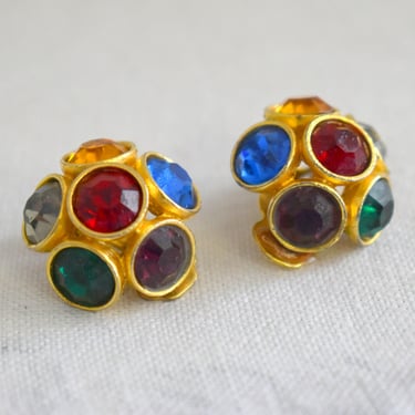 1960s Multi-Color Rhinestone Dome Clip Earrings 