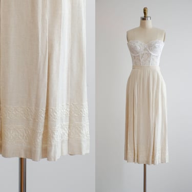 linen midi skirt 80s 90s vintage Doncaster beige embroidered cottagecore pleated skirt 