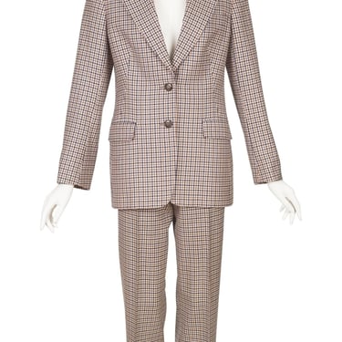 Aquascutum Vintage Plaid Beige Wool Two-Button Blazer Pant Suit Sz S 