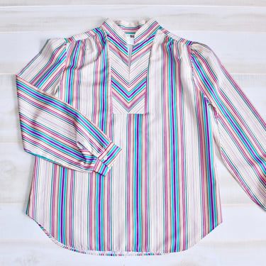 Vintage 70s Rainbow Stripe Blouse, 1970s Secretary Blouse, Puffed Sleeves, Bright & Colorful, Pastel, Striped, Retro 
