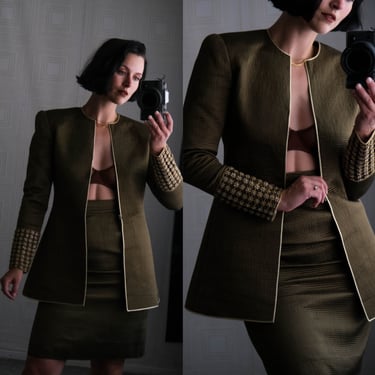 Vintage 80s MARY McFADDEN for Neiman Marcus Olive Structured Skirt Set w/ Rhinestone & Gold Chain Cuffs | Made in USA | 1980s Designer Suit 