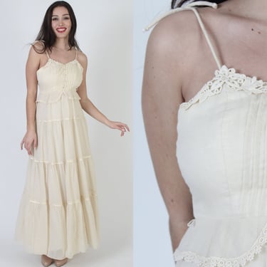 Candi Jones Cottagecore Peplum Style Dress / 70s Designer Thin Spaghetti Tie Straps / Plain Romantic Bohemian Wedding Gown 