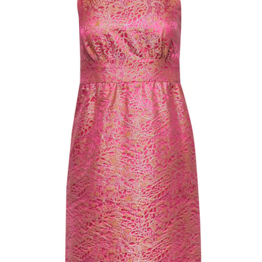 J.Crew - Hot Pink & Peach Metallic Floral Print Jacquard Dress Sz 0