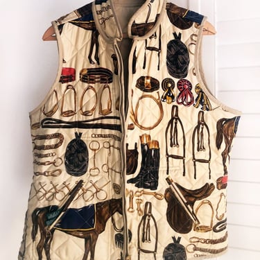 RALPH LAUREN Equestrian Silk Print Quilted Vest Jacket, Horses, Polo, Large size, Shirt, Top Stirrup Charm Pulls Vintage 