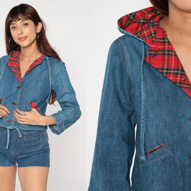 Hooded Jean Jacket 80s Lightweight Denim Jacket Red Plaid Hood Toggle Button Up Hoodie Cropped Coat Retro Boho Vintage 1980s Extra Small xs 