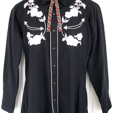 Tem Tex Vintage Western Men's Cowboy, Rodeo Shirt, Black with Embroidered White & Silver Flowers, 17.5-36, Approx. XLarge (see meas. photo) 