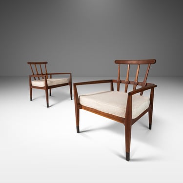 Set of Two (2) Mid-Century Modern Angular Arm Chairs in Walnut & White Bouclé by Foster McDavid, USA, c. 1960's 