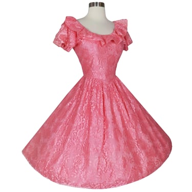 Vintage 80s 50s Pink Floral Lace Full Skirt Prom Party Dress M Medium Square Swing Dance Dancing Pinup Bubblegum Candy Short Sleeves Scoop 