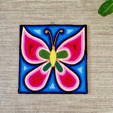 Vintage Butterly Needlepoint Wall Decor - Vibrant Pink and Blue 