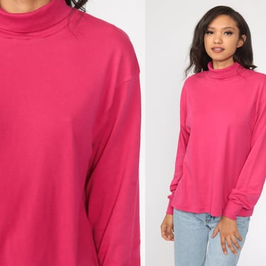 Pink Turtleneck Shirt Hot Pink Shirt 80s Top Long Sleeve Shirt 1980s Funnel Retro Funnel Turtle Neck Top Vintage Simple Plain Large 
