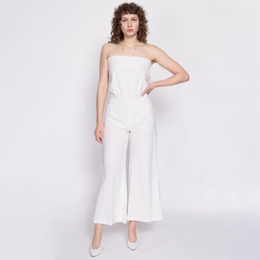 90s Y2K White Strapless Flared Leg Jumpsuit Small | Vintage Boho One Piece Romper Pantsuit 