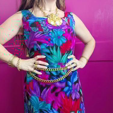 90s Tropical Floral Silk Mini Dress 