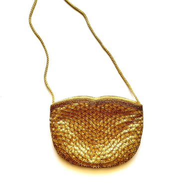 Vintage 80s 90s Beaded Gold Bag 1980s 1990s Glam Disco Shoulder Purse 