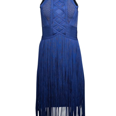 Herve Leger - Blue Chevron Knit Bodycon Dress w/ Fringe Trim Sz M