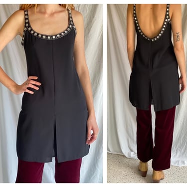 90's Tank Top Mini Dress / Split Front Tank Top with Beads and Rhinestones / Long Shirt / Easy Nineties Piece / Holiday Party Blouse 