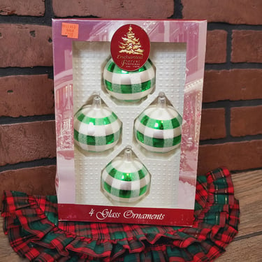 4 Vintage Green Plaid Glass Christmas Ornaments 