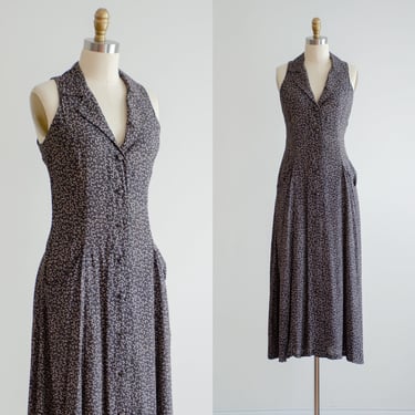 sleeveless midi dress 90s vintage Elizabeth Wayman gray horseshoe pattern flowy dress 