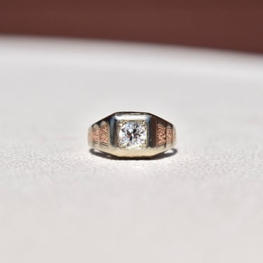 Two-Tone 14K White Gold Diamond Solitaire Ring, Engraved Rose Gold Accents, 1 CT Brilliant Diamond, Vintage Men's Ring, Size 7 US 